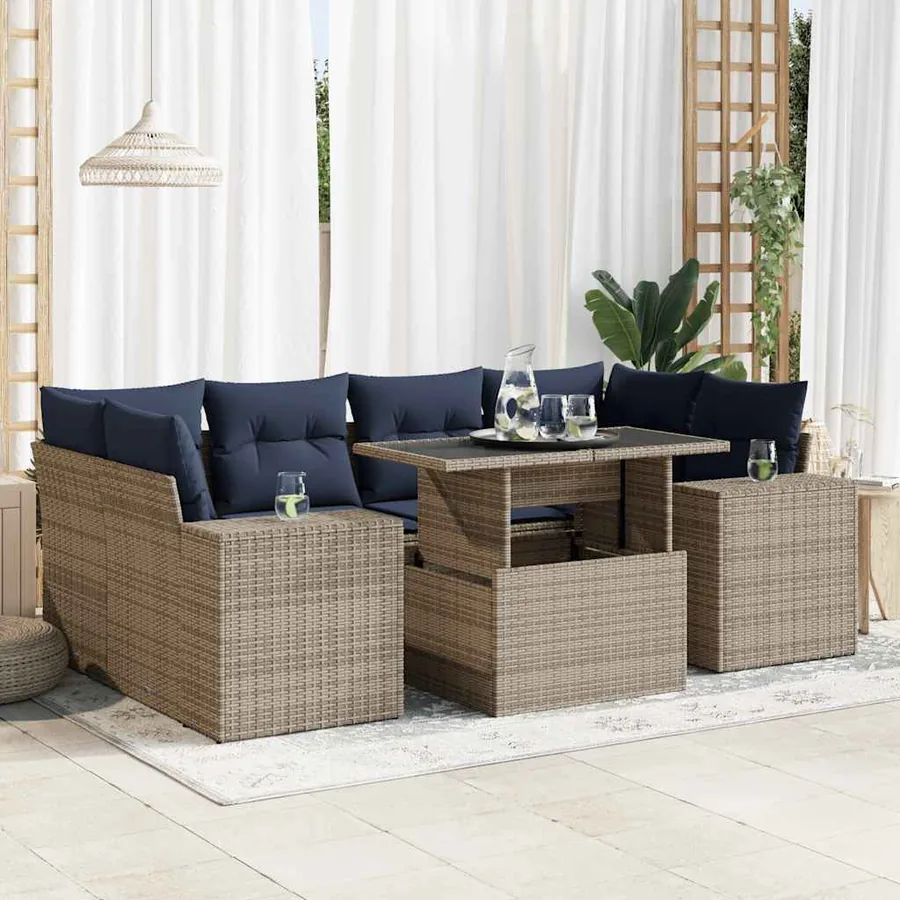 Salon de jardin avec coussins 7 pcs gris résine tressée acacia