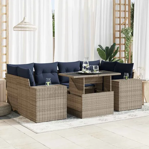 Salon de jardin avec coussins 7 pcs gris résine tressée acacia