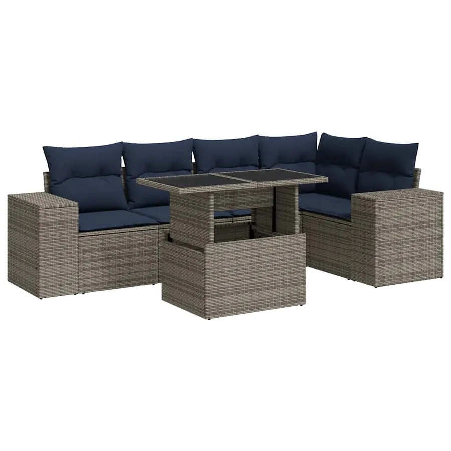 Salon de jardin 6 pcs avec coussins noir résine tressée acacia - 2