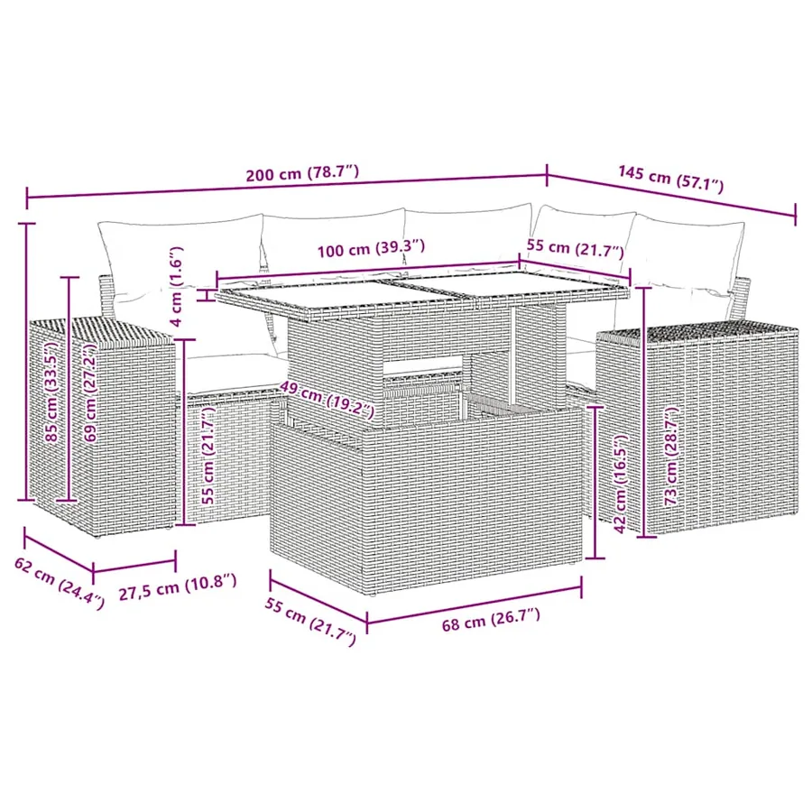 Salon de jardin avec coussins 5 pcs gris résine tressée - 14