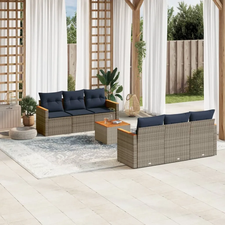 Ensemble de canapé de jardin 7 pcs avec coussins gris résine tressée