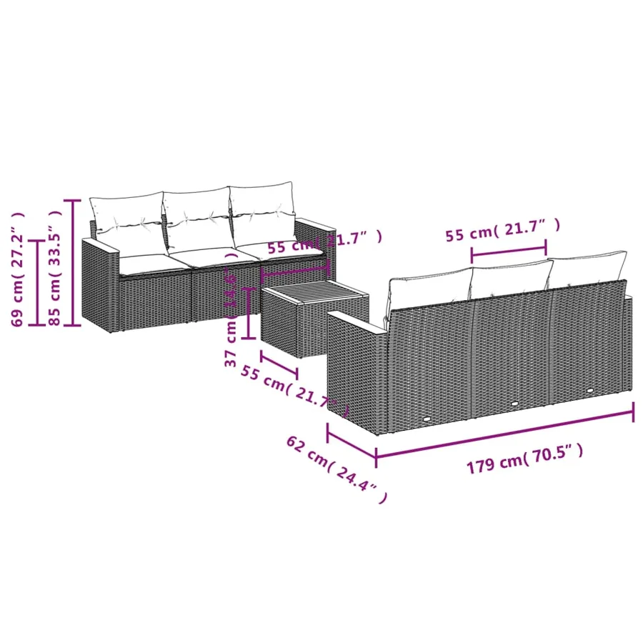 Ensemble de canapé de jardin 7 pcs avec coussins gris résine tressée - 8