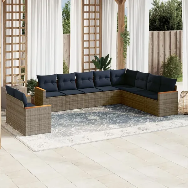 Ensemble de canapé de jardin 10 pcs avec coussins gris résine tressée