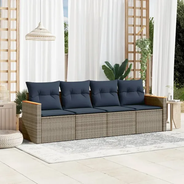 Ensemble de canapé de jardin 4 pcs avec coussins gris résine tressée