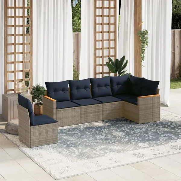 Ensemble de canapé de jardin 6 pcs avec coussins gris résine tressée