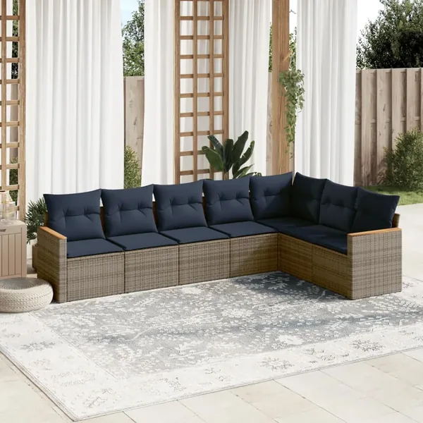 Ensemble de canapé de jardin 7 pcs avec coussins gris résine tressée