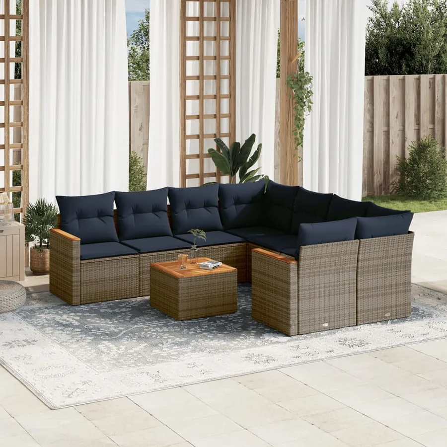 Ensemble de canapé de jardin 9 pcs avec coussins gris résine tressée
