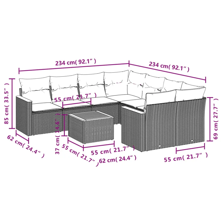 Ensemble de canapé de jardin 9 pcs avec coussins gris résine tressée - 8