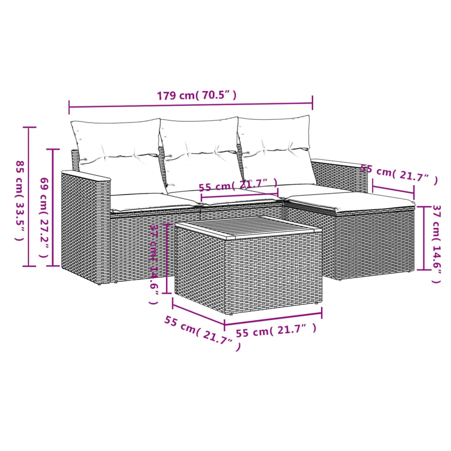 Ensemble de canapé de jardin 5 pcs avec coussins gris résine tressée - 9