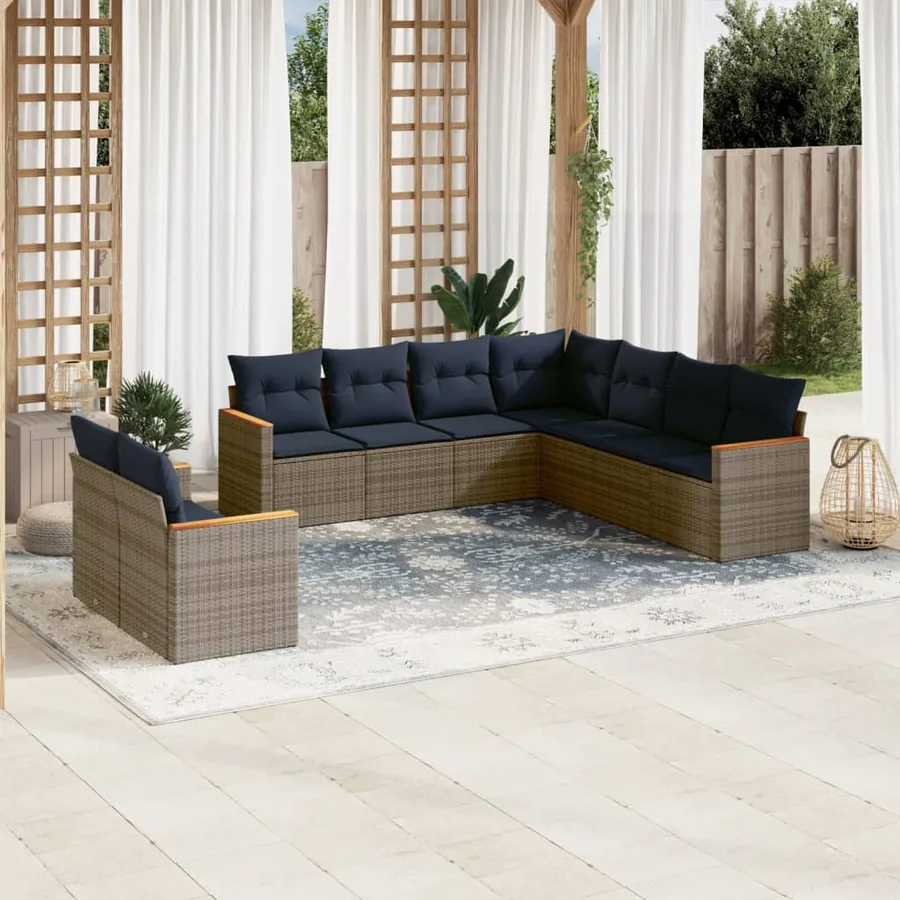 Ensemble de canapé de jardin 9 pcs avec coussins gris résine tressée