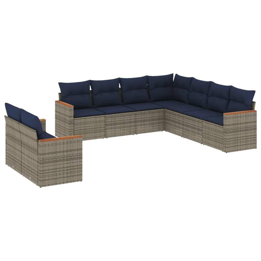 Ensemble de canapé de jardin 9 pcs avec coussins gris résine tressée - 2