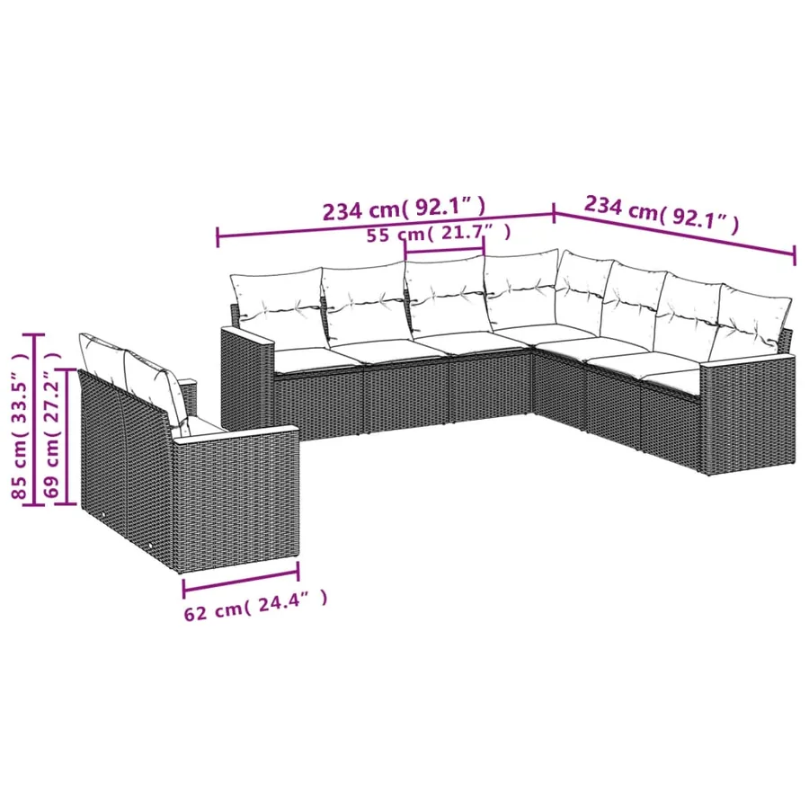 Ensemble de canapé de jardin 9 pcs avec coussins gris résine tressée - 7