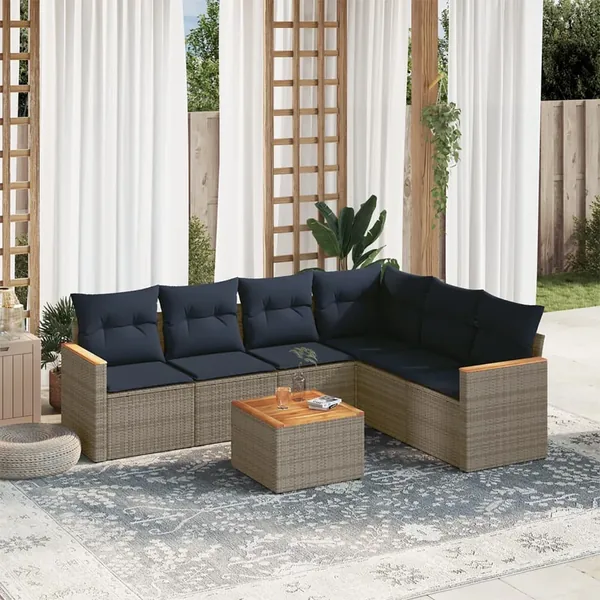Ensemble de canapé de jardin 7 pcs avec coussins gris résine tressée