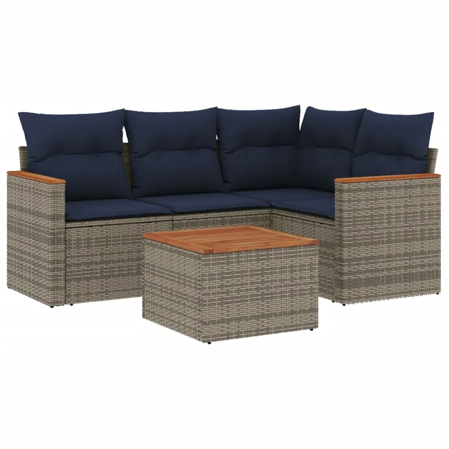 Ensemble de canapé de jardin 5 pcs avec coussins gris résine tressée - 2