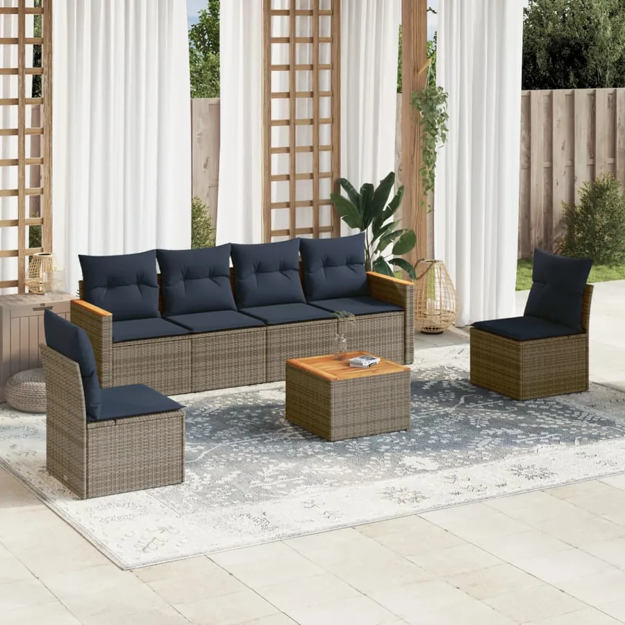 Ensemble de canapé de jardin 7 pcs avec coussins gris résine tressée