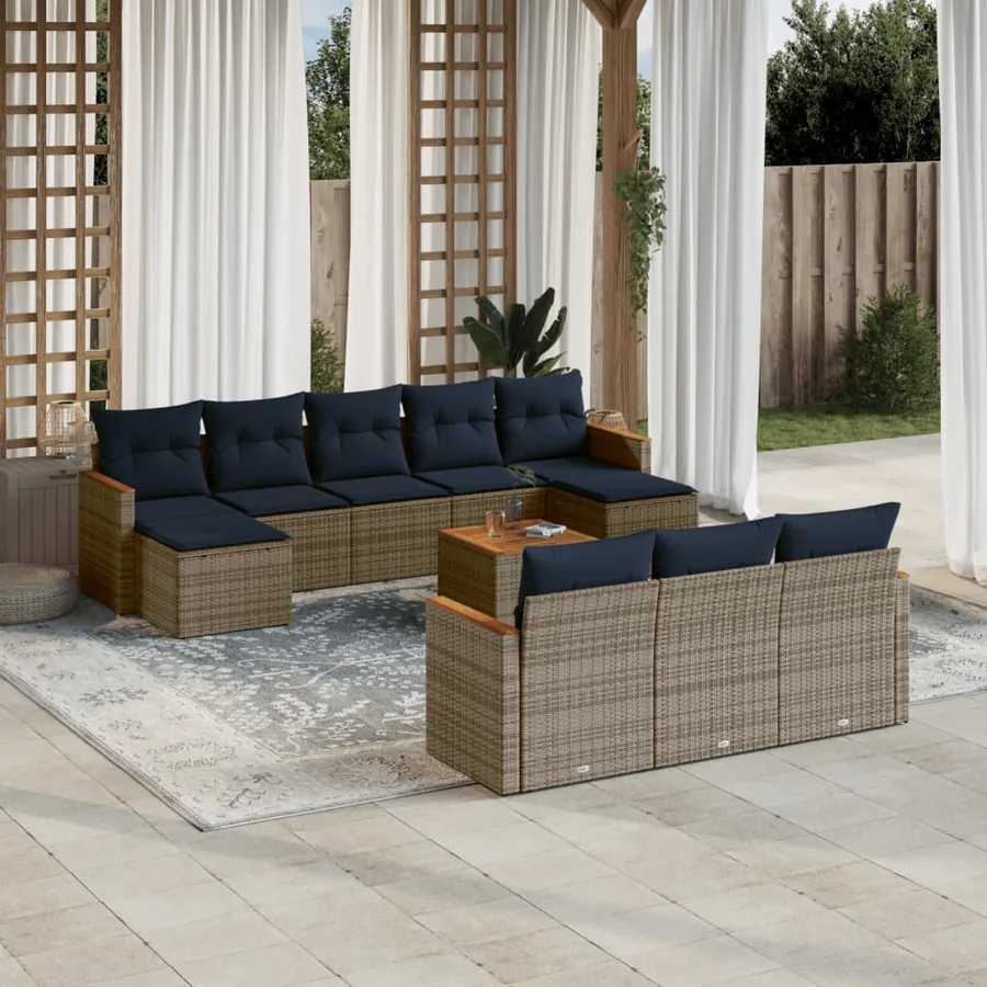 Ensemble de canapé de jardin 11 pcs avec coussins gris résine tressée