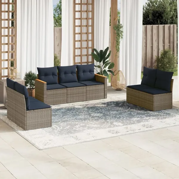 Ensemble de canapé de jardin 7 pcs avec coussins gris résine tressée