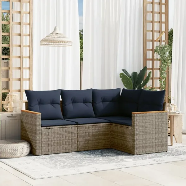 Ensemble de canapé de jardin 4 pcs avec coussins gris résine tressée