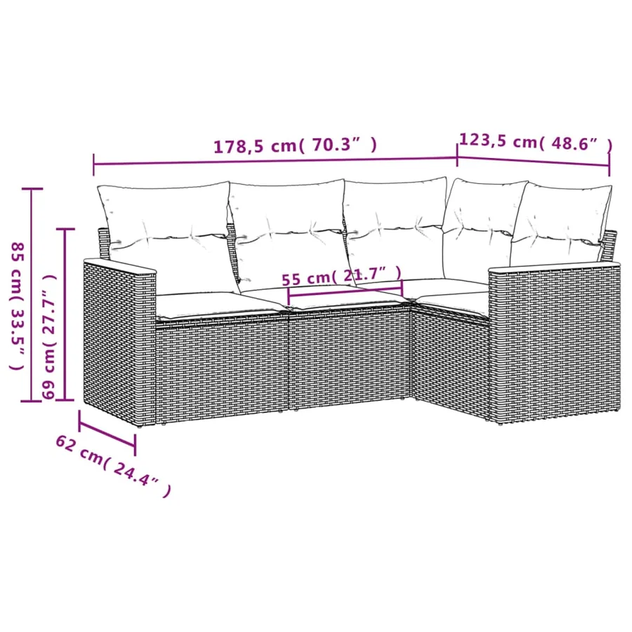 Ensemble de canapé de jardin 4 pcs avec coussins gris résine tressée - 8