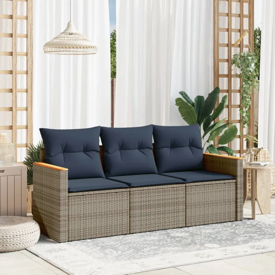 Ensemble de canapé de jardin 3 pcs avec coussins gris résine tressée
