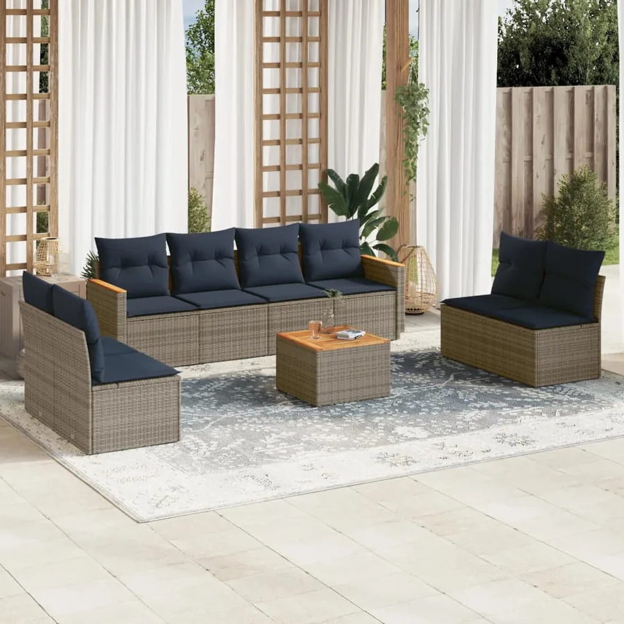Ensemble de canapé de jardin 9 pcs avec coussins gris résine tressée