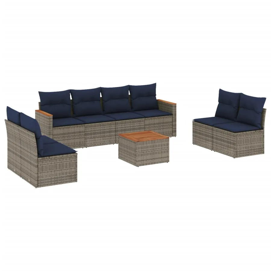 Ensemble de canapé de jardin 9 pcs avec coussins gris résine tressée - 2