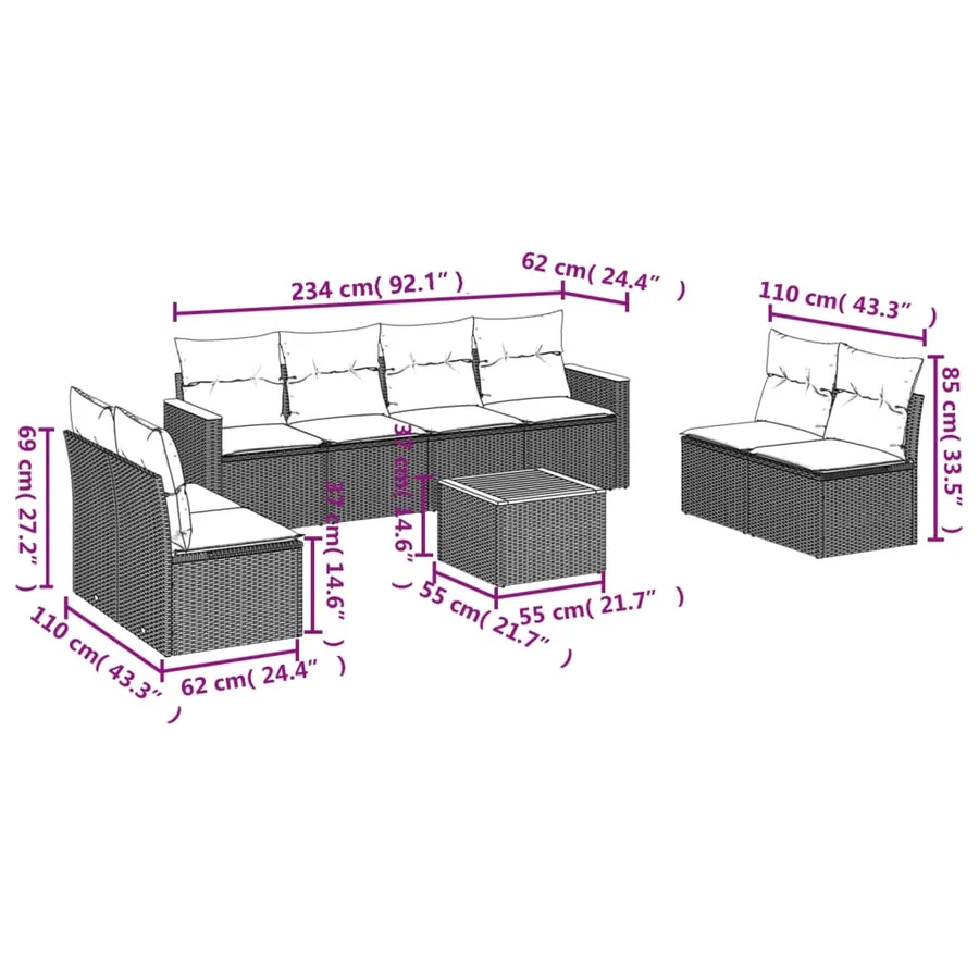 Ensemble de canapé de jardin 9 pcs avec coussins gris résine tressée - 8