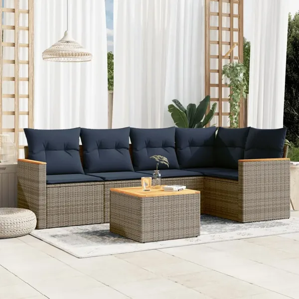 Ensemble de canapé de jardin 6 pcs avec coussins gris résine tressée