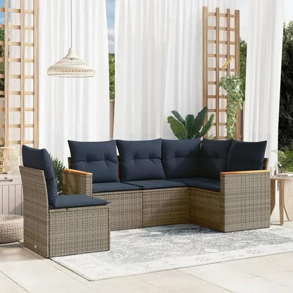 Ensemble de canapé de jardin 5 pcs avec coussins gris résine tressée
