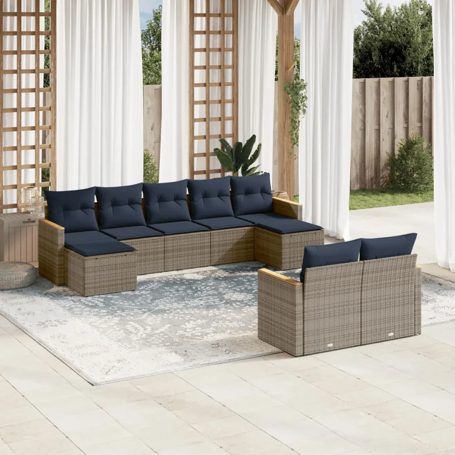 Ensemble de canapé de jardin 9 pcs avec coussins gris résine tressée