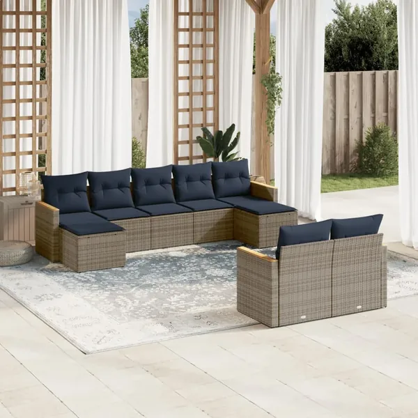 Ensemble de canapé de jardin 9 pcs avec coussins gris résine tressée