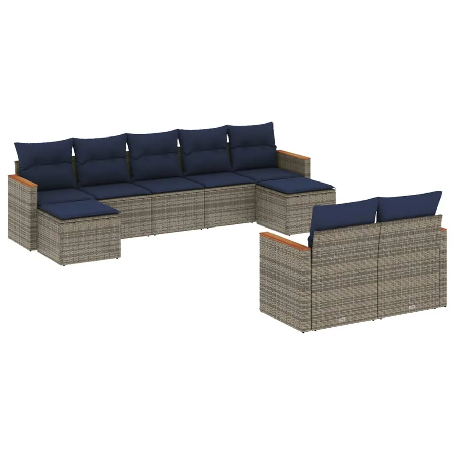 Ensemble de canapé de jardin 9 pcs avec coussins gris résine tressée - 2