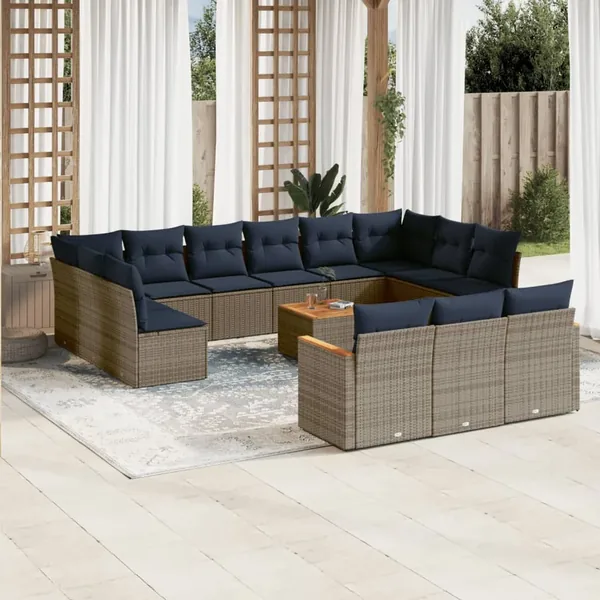 Ensemble de canapé de jardin 14 pcs avec coussins gris résine tressée