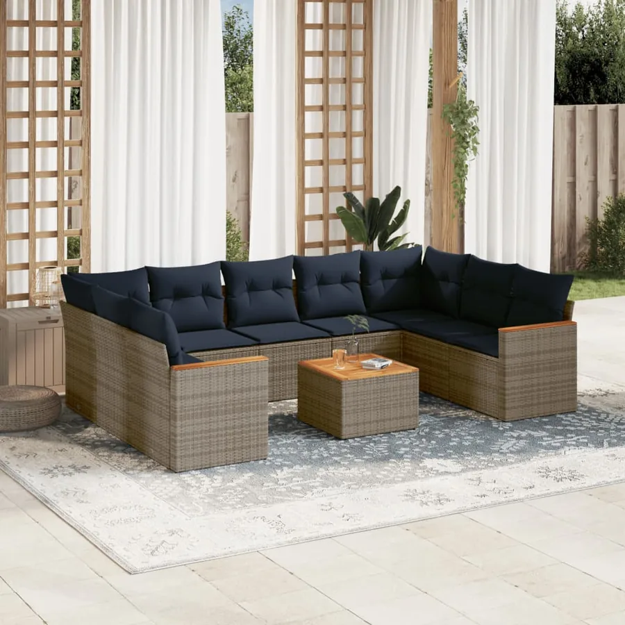 Ensemble de canapé de jardin 10 pcs avec coussins gris résine tressée