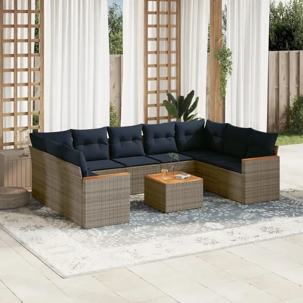 Ensemble de canapé de jardin 10 pcs avec coussins gris résine tressée