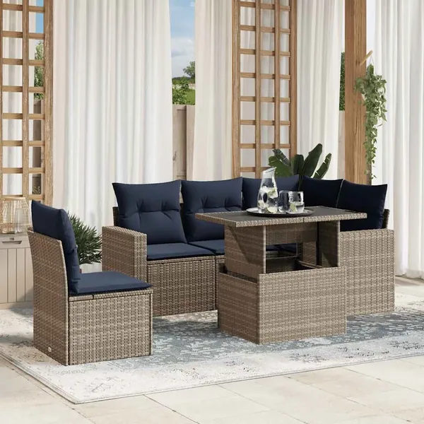 Ensemble de canapé de jardin 6 pcs avec coussins gris résine tressée