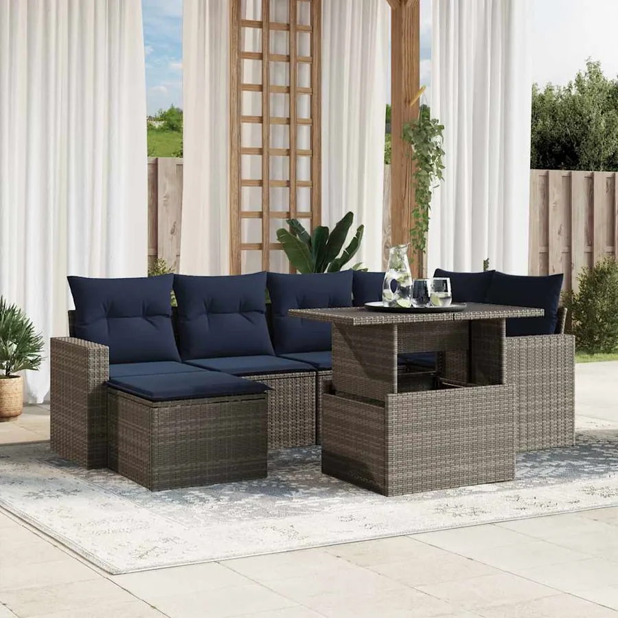 Ensemble de canapé de jardin 7 pcs avec coussins gris résine tressée