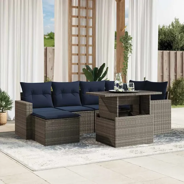 Ensemble de canapé de jardin 7 pcs avec coussins gris résine tressée