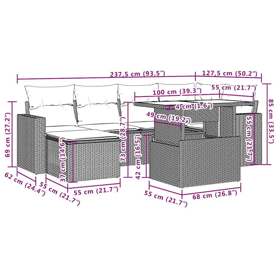 Ensemble de canapé de jardin 7 pcs avec coussins gris résine tressée - 11