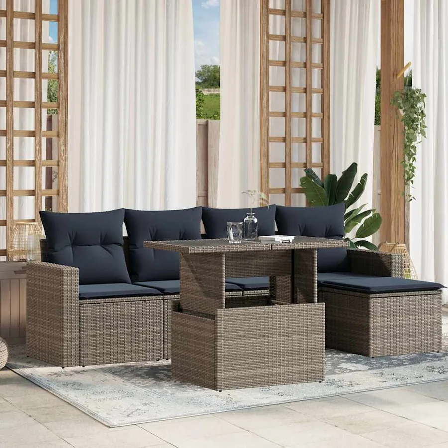 Ensemble de canapé de jardin 6 pcs avec coussins gris résine tressée