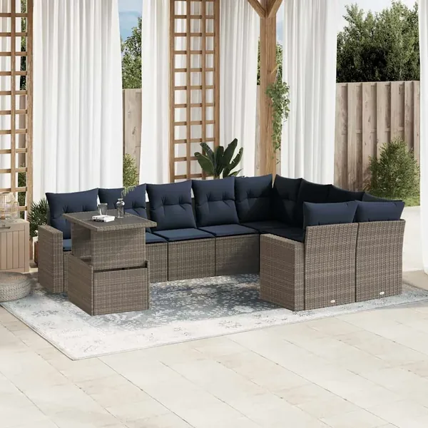 Ensemble de canapé de jardin 10 pcs avec coussins gris résine tressée