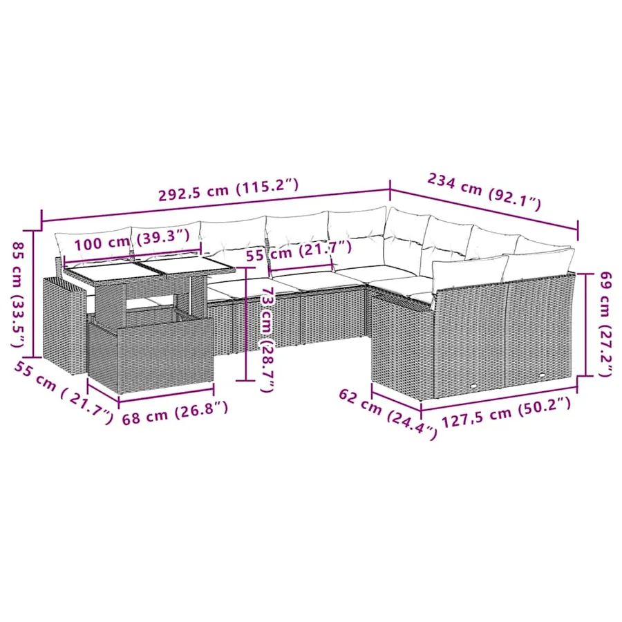 Ensemble de canapé de jardin 10 pcs avec coussins gris résine tressée - 10