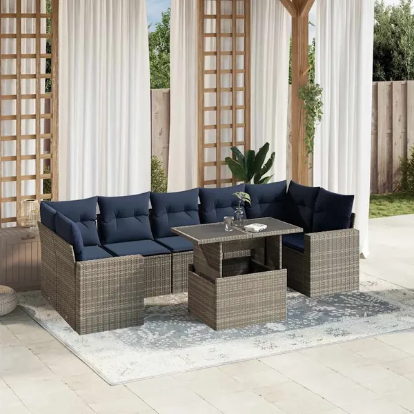 Ensemble de canapé de jardin 8 pcs avec coussins gris résine tressée