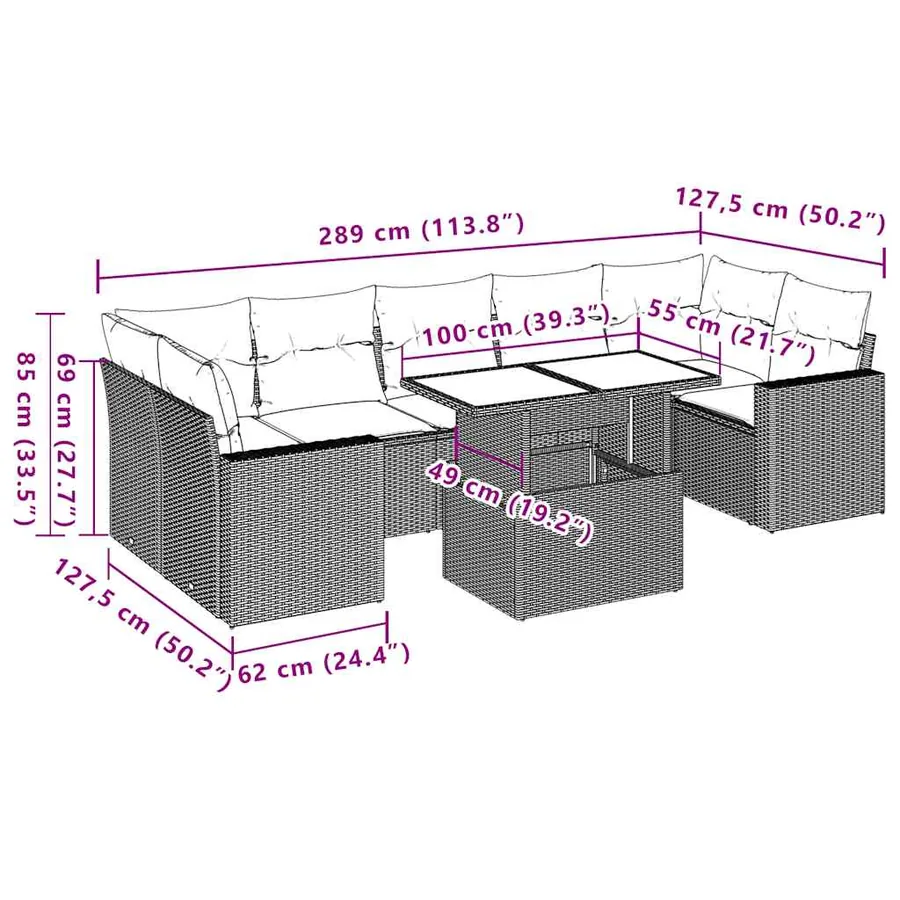 Ensemble de canapé de jardin 8 pcs avec coussins gris résine tressée - 10