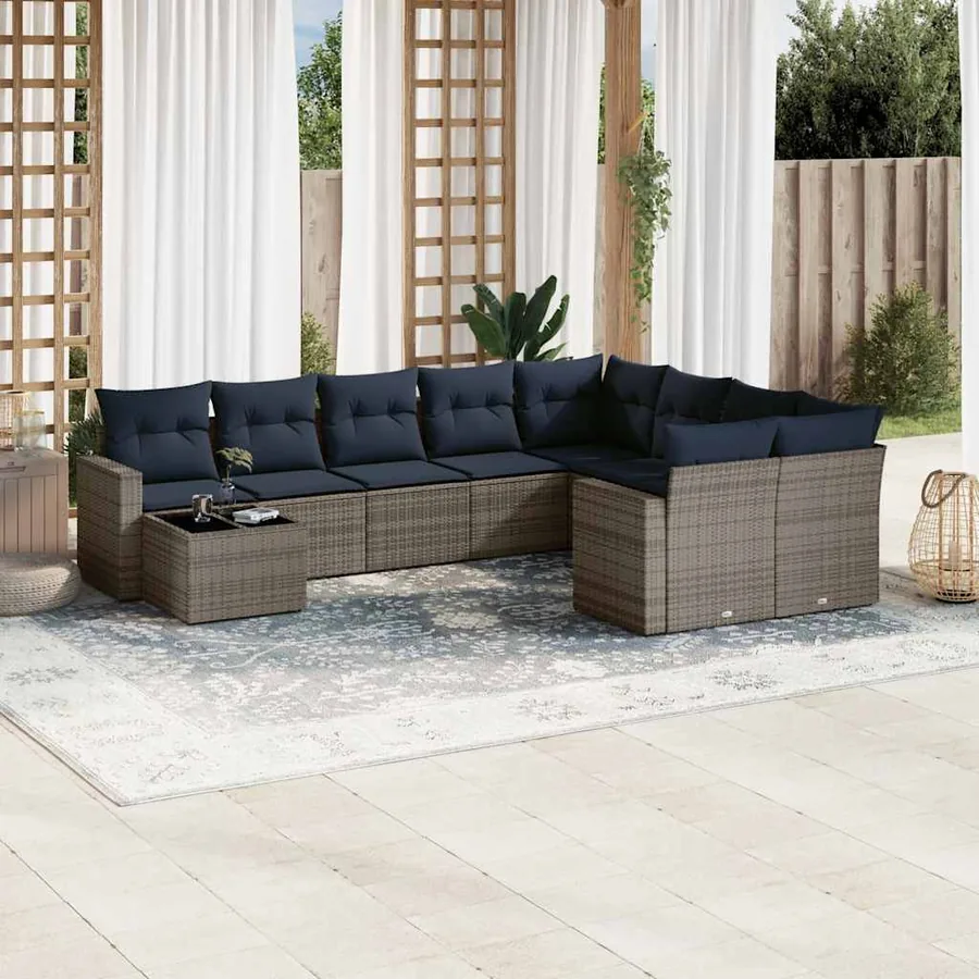 Salon de jardin 10 pcs avec coussins gris résine tressée