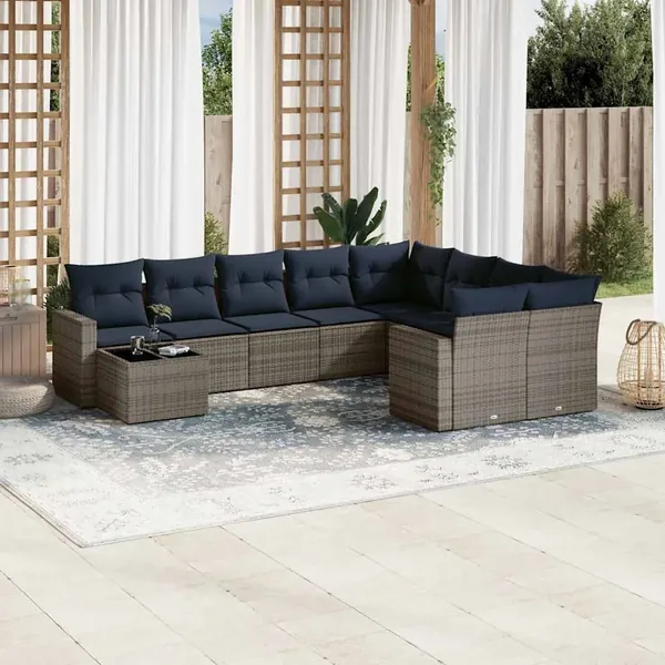 Salon de jardin 10 pcs avec coussins gris résine tressée