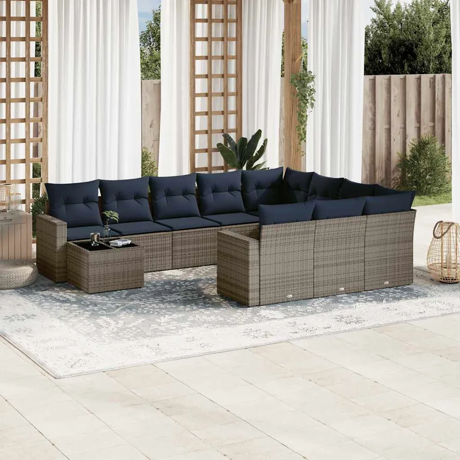 Ensemble de canapé de jardin 11 pcs avec coussins gris résine tressée