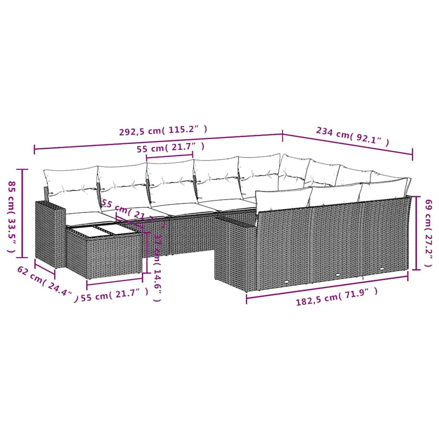 Ensemble de canapé de jardin 11 pcs avec coussins gris résine tressée - 8