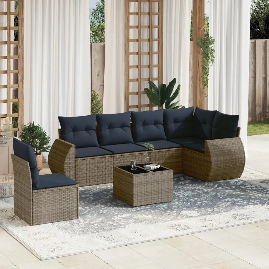 Ensemble de canapé de jardin 7 pcs avec coussins gris résine tressée