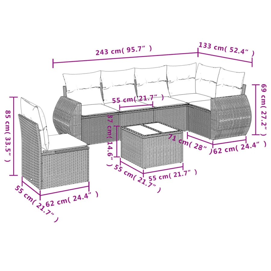 Ensemble de canapé de jardin 7 pcs avec coussins gris résine tressée - 8
